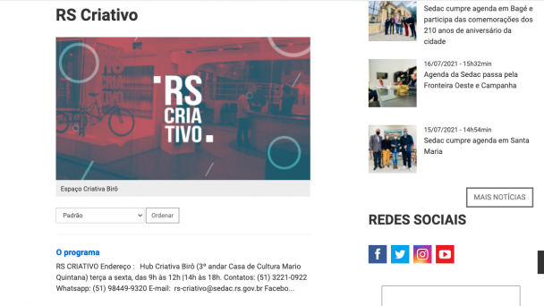 Tela inicial do site do programa RS Criativo